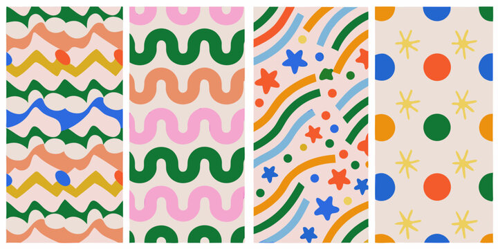 set of four colorful vector patterns with geometric shapes design zigzag lines