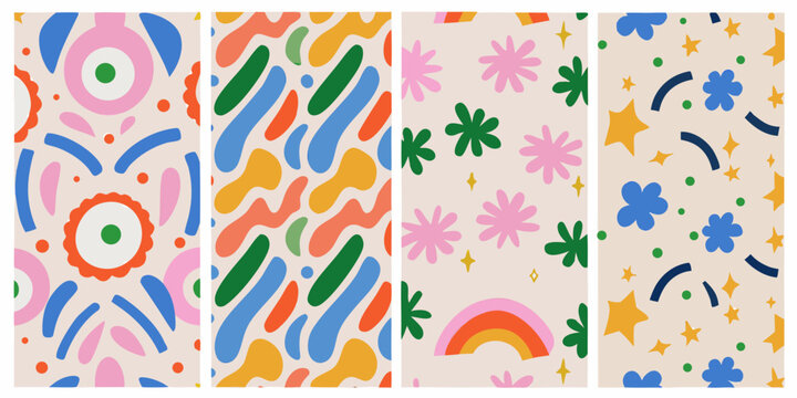 set of four colorful vector patterns with abstract shapes designs seamless geometric