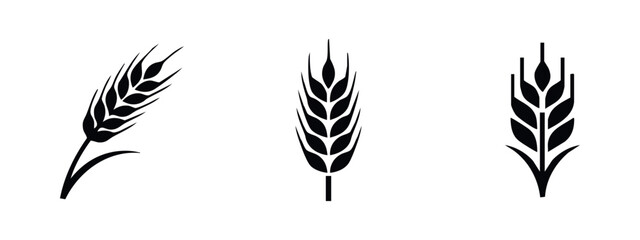 Set of black and white icons featuring wheat stalks, representing harvest and agriculture. © Lili