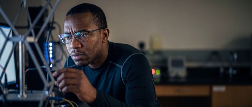 Black engineer working on robotics device in high tech laboratory. Focused African American scientist with glasses adjusting electronic prototype hardware. STEM tech research innovation and startup.