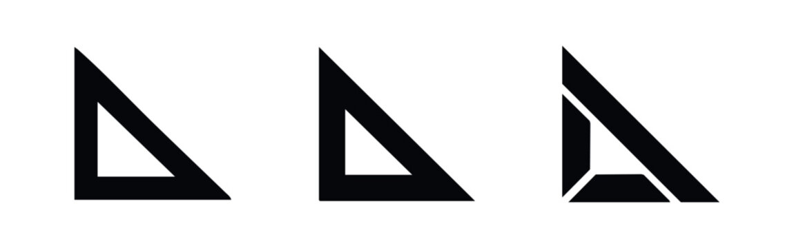 Three black icons of set squares in different styles, one stylized