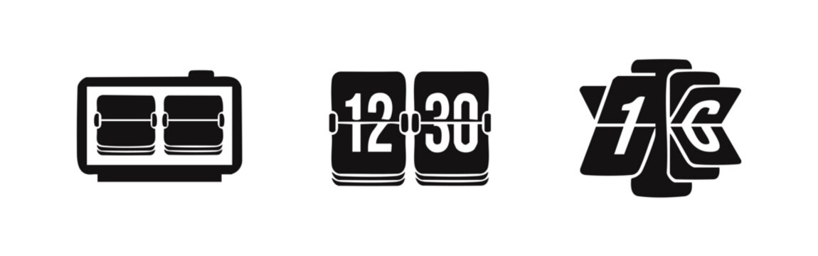 Three black icons of flip clock or roller blind clock in different states