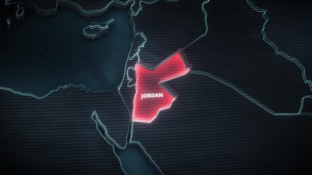 3D tactical map animation of the Middle East featuring a glowing red alert highlight on Jordan, ideal for geopolitical news broadcasts and strategic presentations.

