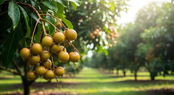 Freshly harvested longan fruit hanging from branch with water droplets
