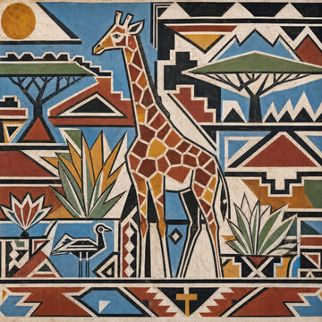 Traditional Ndebele Giraffe Art Print, Flat Mural Painting for Afro Geometric Luxury Decor