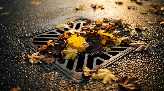 Fallen autumn leaves cluttering a storm drain on a wet pavement, hinting at the changing season and nature's cycle