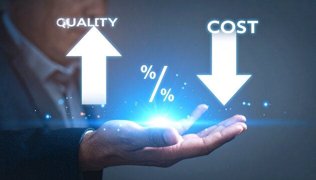 Hand holding glowing arrows showing quality increase and cost decrease