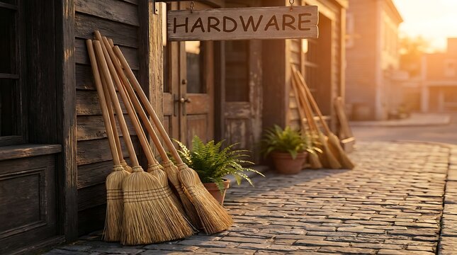 A rustic hardware store with brooms leaning against the wall. The setting sun casts a warm glow on the scene