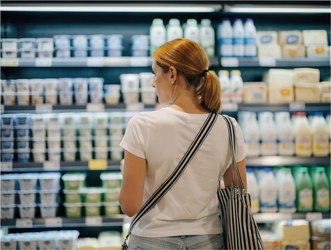 Woman with red hair wearing white shirt looking at refrigerated dairy products in supermarket aisle while holding a striped tote bag for grocery shopping