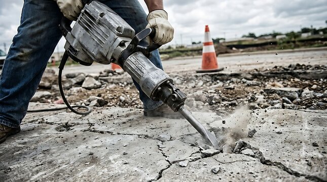 A construction worker using a jackhammer to break up concrete pavement. Dust and debris fly as the powerful tool pounds the ground, indicating demolition or road work in progress