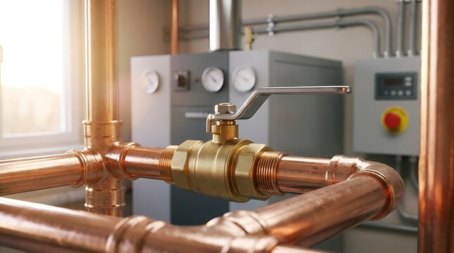 Close-up of copper pipes and a brass valve with gauges and machinery in the background, bathed in soft light