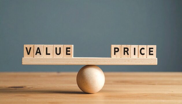 Balanced wooden scale comparing value against price in equilibrium