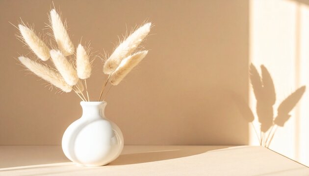 Minimalist vase with pampas grass in warm sunlight shadows