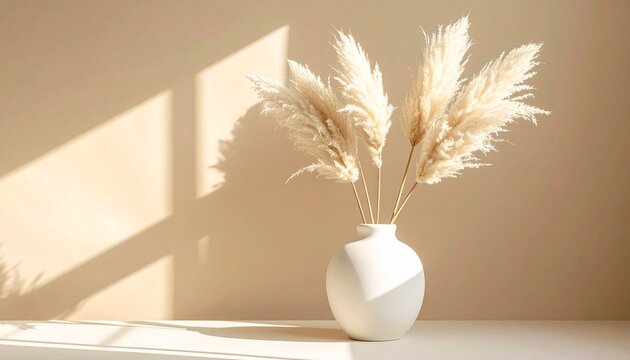 Minimalist vase with pampas grass in warm sunlight shadows