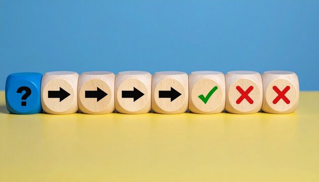 Decision process dice sequence arrows check mark cross