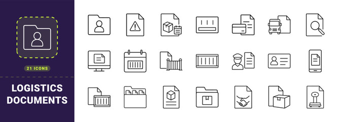 Obraz premium Logistics documentation line icon set. Vector pictograms of freight review, shipping papers, compliance workflow, and transport audit elements, thin linear illustration.