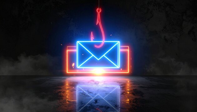 Cybersecurity phishing attack neon envelope with red hook danger