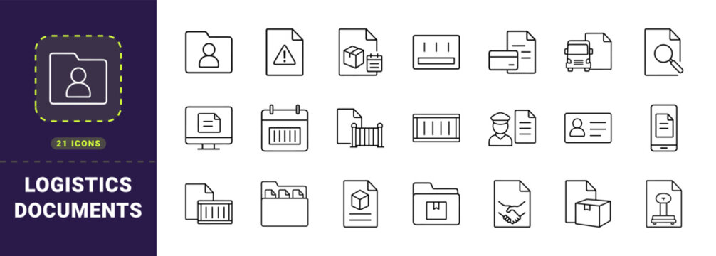 Logistics documentation line icon set. Vector pictograms of freight review, shipping papers, compliance workflow, and transport audit elements, thin linear illustration.