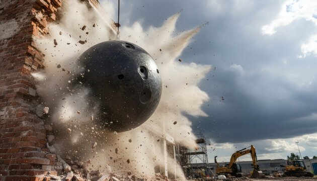 Massive iron demolition ball hitting old red brick wall with a dramatic dust explosion on an active construction site for urban renewal and development concept