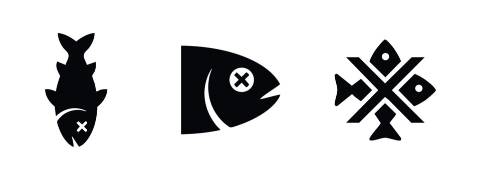 Three stylized icons representing dead or dying fish