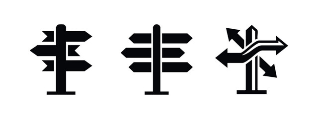 Directional signpost with multiple arrows icon set. Choices, decisions, and future paths. © Lili