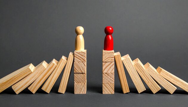 Wooden figurines domino barrier separation conflict concept