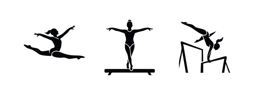 Gymnastics Icons Set, Athletes and Poses, Black Silhouette
