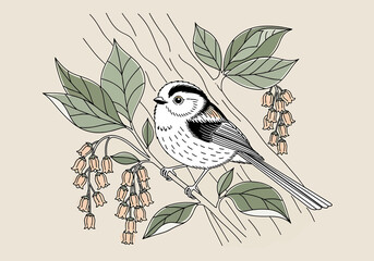 Longtailed tit bird perched on a flowering branch illustration © Mamun