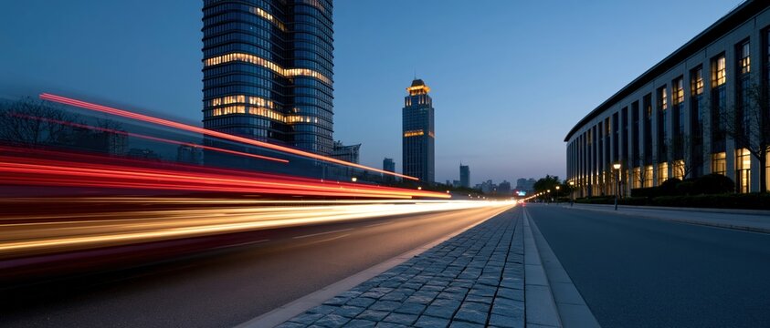 A stunning city skyline picturesquely lit at dusk, showcasing the vibrant lights of skyscrapers, with blurred motion effects conveying energy and liveliness of urban life.
