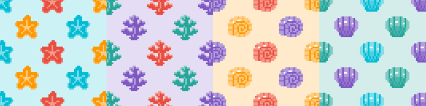 ドット絵 マリン柄 4種 シームレスパターンセット（スウォッチ）