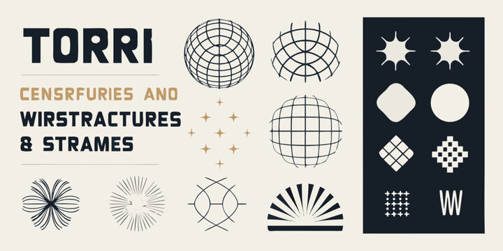 geometric wireframe structures and patterns in monochrome style shapes design art vector