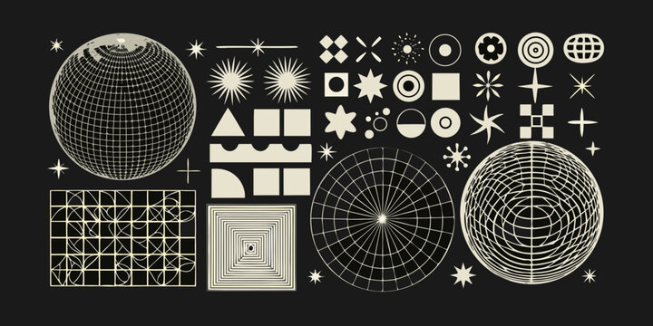 geometric shapes in monochrome line art on black background circle square triangle