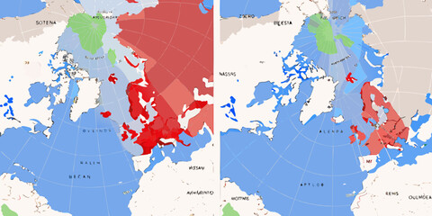 two side by side arctic focused world maps with color highlights cartography © Rina