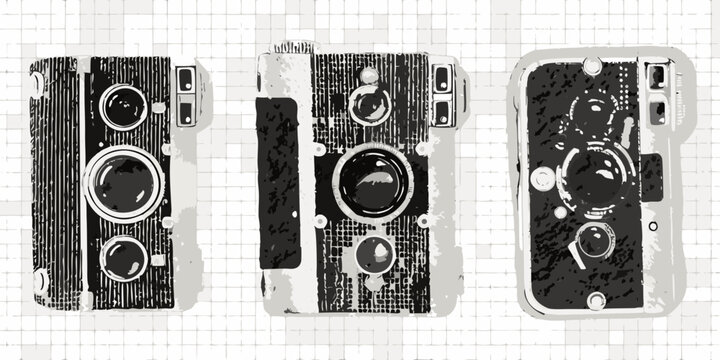 three vintage cameras in halftone style on grid background retro old camera