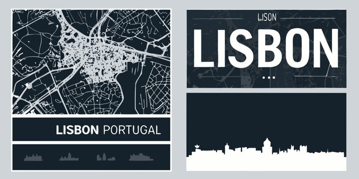 lisbon cityscape and map minimalist vector posters poster portugal architecture travel design