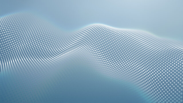 Soft blue dots form multicolored undulating space against deep white luminosity sea. Overlay diffuse rainbow data stream waves. Scientific blur particles waves soft light futuristic illustration