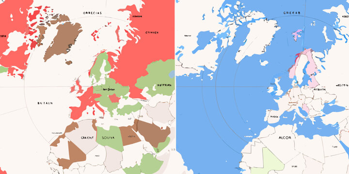 two side by side arctic focused world maps with color coding cartography