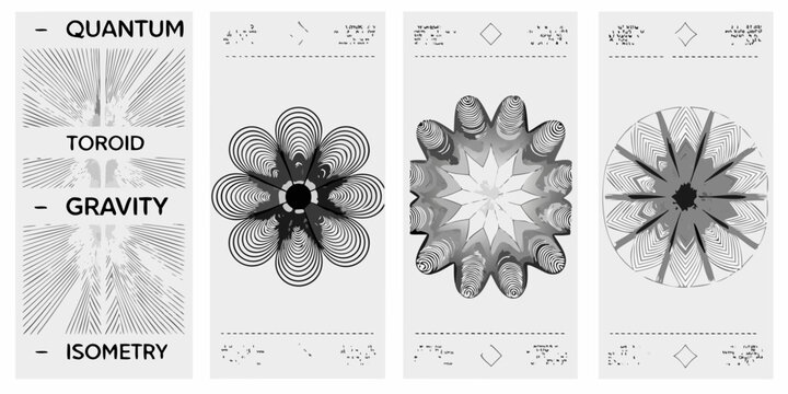abstract science posters with monochromatic patterns quantum toroid gravity isometry vector illustration