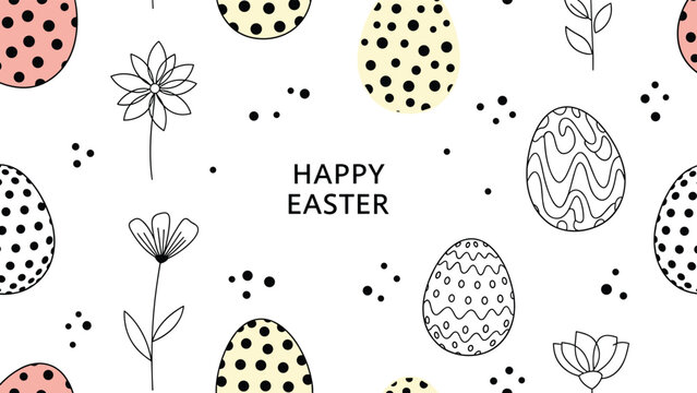 Happy easter pattern featuring decorated eggs with various prints and hand drawn flowers on a clean white background.
