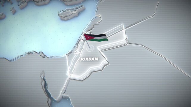 3D stylized map animation highlighting Jordan with glowing borders and national flag marker, ideal for Middle East news broadcast graphics or corporate geography presentations.
