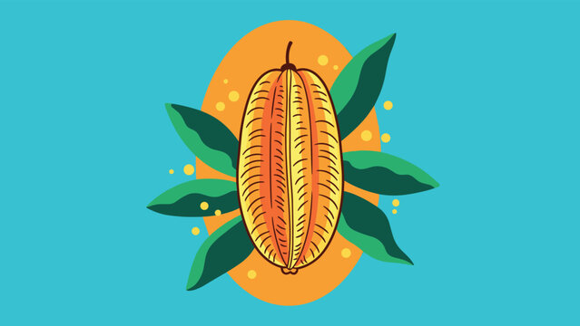 Stylized starfruit carambola illustration on a bright blue background with an orange oval and green tropical leaves.