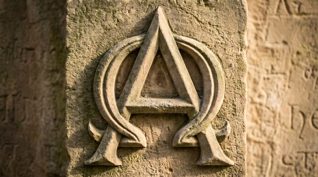 Weathered stone carving of Alpha and Omega Christian symbol on ancient wall.