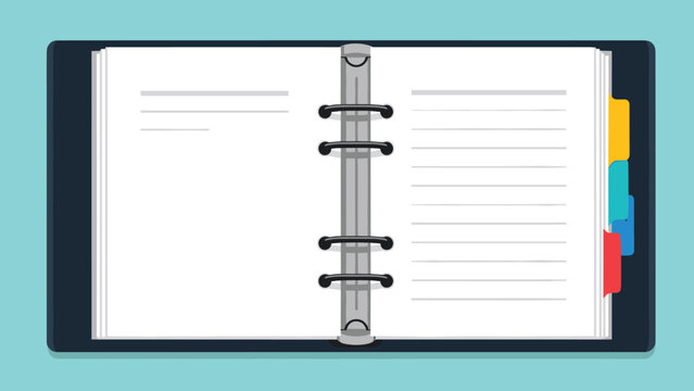 Top view of an open ring binder organizer with blank lined pages and colorful divider tabs on the right side.