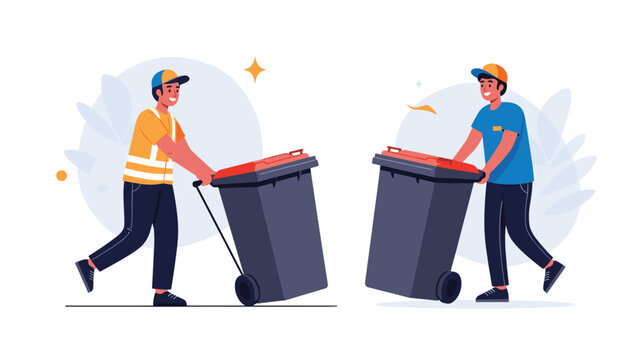 Two professional sanitation workers in uniforms pushing large grey waste containers in a clean vector illustration.