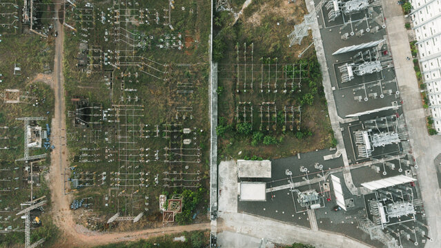 Aerial view of electrical substation complex with adjacent air insulated switchyard and modern gas insulated switchgear facility powering urban grid network