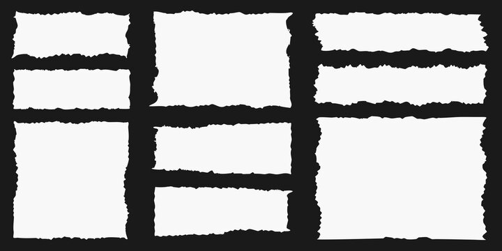 torn paper fragments arranged in grid pattern white black background rectangular pieces