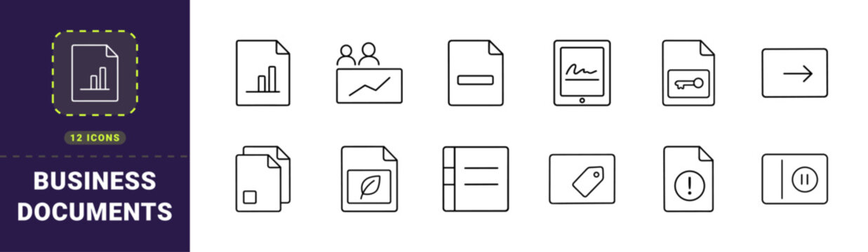 Business document line icon set. Vector pictograms of reports, ledgers, dashboards, and workflow elements, thin linear illustration.