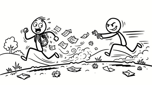 A stick figure man is running away from another stick figure man who is chasing him and trying to grab papers that are falling from his bag.