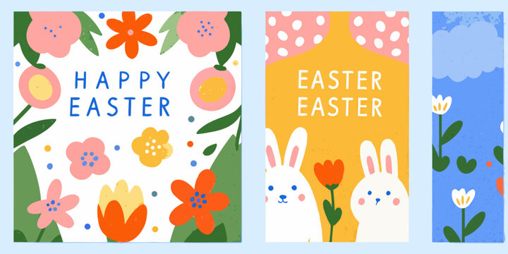 easter greeting cards with colorful flowers and bunnies spring holiday illustration vector