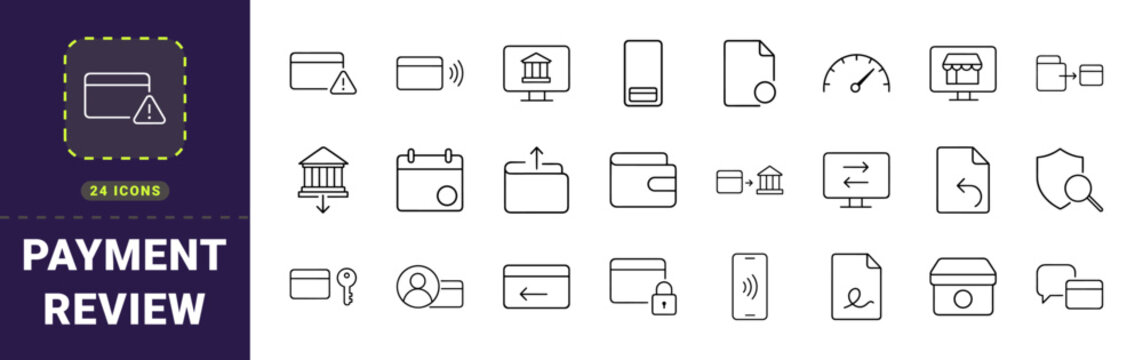 Business payment management line icon set. Vector pictograms of payment review, billing workflow, transaction security, and finance dashboard elements, thin linear illustration.